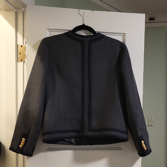 J Crew Charcoal Gray Lady Jacket Blazer Gold Buttons Navy Trim - 10 - Picture 3 of 9